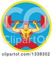 Poster, Art Print Of Retro Strongman Bodybuilder Lifting A Barbell Over His Head In A Yellow And Blue Circle