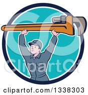 Poster, Art Print Of Retro Cartoon White Male Plumber Holding A Giant Monkey Wrench Over His Head Emerging From A Blue And White Circle