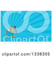 Poster, Art Print Of Cartoon Plumber Dog Running With A Monkey Wrench And Blue Rays Background Or Business Card Design
