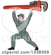 Poster, Art Print Of Retro Cartoon White Male Plumber Lunging And Holding A Giant Monkey Wrench Over His Head