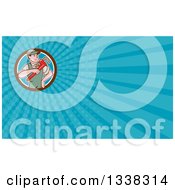 Clipart Of A Retro Cartoon White Male Plumber Holding A Giant Monkey Wrench In A Shield And Blue Rays Background Or Business Card Design Royalty Free Illustration