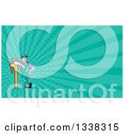 Poster, Art Print Of Cartoon White Male Plumber Leaning On A Giant Monkey Wrench And Turquoise Rays Background Or Business Card Design