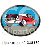 Retro Woodcut Red Classic Car In An Oval