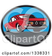 Poster, Art Print Of Rear View Of A Retro Woodcut Rear Muscle Car In An Oval