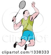 Retro Cartoon White Male Badminton Player Jumping With A Racket