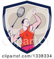 Retro Cartoon White Male Badminton Player With A Racket In A Navy Blue White And Tan Shield