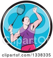 Retro Cartoon White Male Badminton Player With A Racket In A Black White And Blue Circle