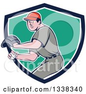 Poster, Art Print Of Retro Cartoon White Male Baseball Player Pitching In A Blue White And Turquoise Shield