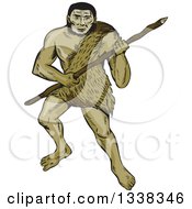 Poster, Art Print Of Sketched Or Engraved Neanderthal Man With A Spear