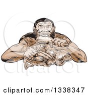 Poster, Art Print Of Sketched Or Engraved Neanderthal Eating A Paleo Diet
