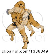 Sketched Or Engraved Judo Judoka Combatant Throwing Takedown An Opponent