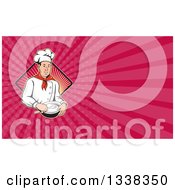 Clipart Of A Retro Male Chef Holding A Bowl And Spoon Over A Ray Diamond And Pink Rays Background Or Business Card Design Royalty Free Illustration