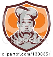 Poster, Art Print Of Retro Male Chef Wearing A Toque And Uniform In A Brown White And Orange Shield