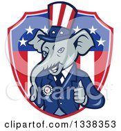 Clipart Of A Retro Cartoon Republican GOP Party Elephant Uncle Sam Giving A Thumb Up And Emerging From An American Shield Royalty Free Vector Illustration