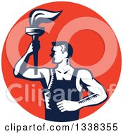 Poster, Art Print Of Retro Navy Blue And White Woodcut Revolution Male Worker Holding A Torch In A Red Circle