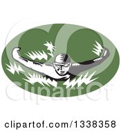 Poster, Art Print Of Retro Black And White Woodcut Male Swimmer Doing The Butterfly Stroke In A Green Oval