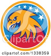 Clipart Of A Retro Cartoon Orange And Red American Bald Eagle Head In An Orange White And Blue Circle With Stars Royalty Free Vector Illustration