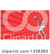Clipart Of A Cartoon White Male Painter Using A Roller Brush And Red Rays Background Or Business Card Design Royalty Free Illustration