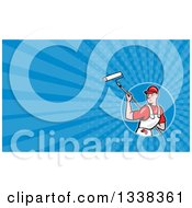 Poster, Art Print Of Cartoon White Male Painter Using A Roller Brush In A Circle And Blue Rays Background Or Business Card Design