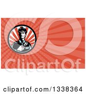 Clipart Of A Retro Police Officer Holding A Flashlight In A Circle And Red Rays Background Or Business Card Design Royalty Free Illustration