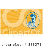 Clipart Of A Retro Male Janitor Using A Vacuum And Orange Rays Background Or Business Card Design Royalty Free Illustration