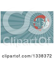 Clipart Of A Retro Male Cameraman Filming And Blue Rays Background Or Business Card Design Royalty Free Illustration