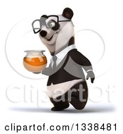 Clipart Of A 3d Bespectacled Business Panda Walking To The Left And Holding A Honey Jar Royalty Free Illustration