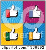 Poster, Art Print Of Colorful Cuffed Thumb Up Like Hand App Icon Design Elements Over Ray Squares