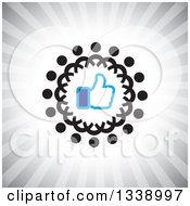 Blue Thumb Up Like App Icon Design Element In A Ring Of Black Abstract People Over Gray Rays