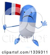 Clipart Of A 3d Unhappy Blue And White Pill Character Holding A French Flag And Jumping Royalty Free Illustration