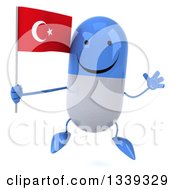 Clipart Of A 3d Happy Blue And White Pill Character Holding A Turkish Flag And Jumping Royalty Free Illustration