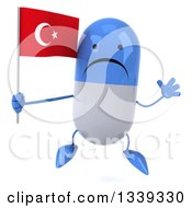 Clipart Of A 3d Unhappy Blue And White Pill Character Holding A Turkish Flag And Jumping Royalty Free Illustration