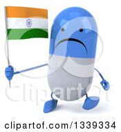 Clipart Of A 3d Unhappy Blue And White Pill Character Holding An Indian Flag And Walking Royalty Free Illustration