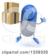 Clipart Of A 3d Happy Blue And White Pill Character Holding Boxes And Jumping Royalty Free Illustration