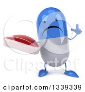 Clipart Of A 3d Unhappy Blue And White Pill Character Holding Up A Finger And A Beef Steak Royalty Free Illustration by Julos