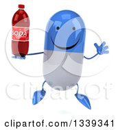 Clipart Of A 3d Happy Blue And White Pill Character Holding A Soda Bottle And Jumping Royalty Free Illustration by Julos