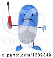 Clipart Of A 3d Unhappy Blue And White Pill Character Holding A Screwdriver And Giving A Thumb Down Royalty Free Illustration