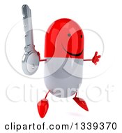 Clipart Of A 3d Happy Red And White Pill Character Facing Slightly Right Jumping And Holding A Key Royalty Free Illustration