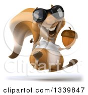 3d Casual Squirrel Wearing A White T Shirt And Sunglasses Facing Slightly Right Hopping Giving A Thumb Up And Holding An Acorn