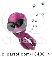 Clipart Of A 3d Purple Octopus Wearing Sunglasses And Swimming Royalty Free Illustration by Julos