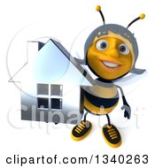 Clipart Of A 3d Female Bee Holding Up A Chrome House Royalty Free Illustration