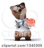 Clipart Of A 3d Happy Bespectacled Brown Bear Doctor Or Veterinarian Holding And Pointing To A Piggy Bank Royalty Free Illustration