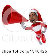 Clipart Of A 3d Young Black Male Christmas Super Hero Santa Flying And Announcing With A Megaphone Royalty Free Illustration by Julos