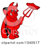 Poster, Art Print Of Cartoon Grinning Red Pig Devil Holding Bbq Ribs On A Trident