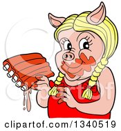 Cartoon Blond Female Pig Holding Saucy Ribs