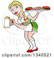 Clipart Of A Cartoon Blond German Waitress Carrying A Beer Stein And Sausages Royalty Free Vector Illustration