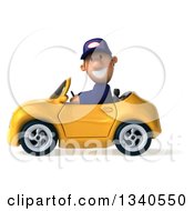 Clipart Of A 3d Short White Male Auto Mechanic Driving A Yellow Convertible Car Royalty Free Illustration