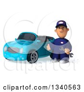 Clipart Of A 3d Short White Male Auto Mechanic Presenting A Blue Convertible Car Royalty Free Illustration