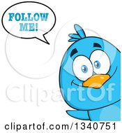 Poster, Art Print Of Cartoon Blue Bird Looking Around A Sign And Saying Follow Me