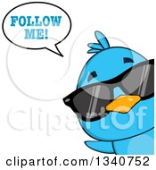 Poster, Art Print Of Cartoon Blue Bird Wearing Sunglasses Looking Around A Sign And Saying Follow Me